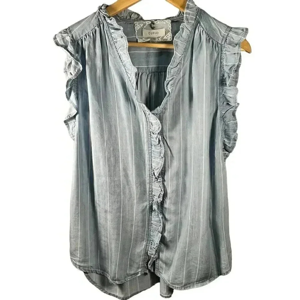 Cupio Ruffled Sleeveless Chambray Top XS